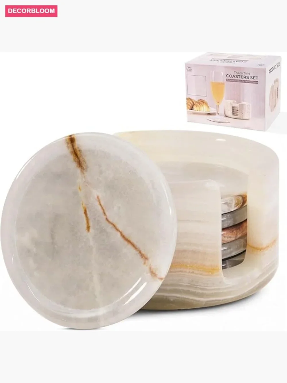 Set of 6 Marble Coasters with Holder for Drinks 3.5 Inch Round Stone